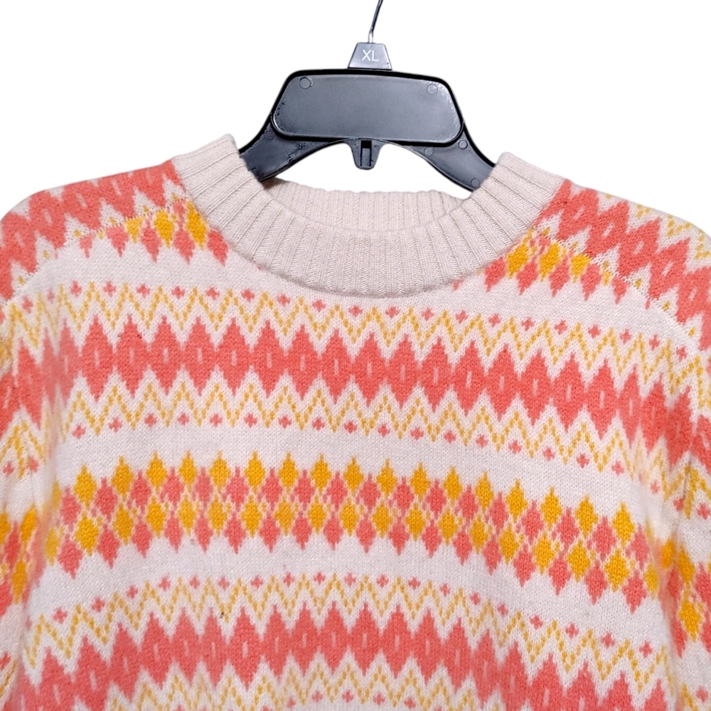 J. Crew Pink Orange Geometric Stripe Cashmere Crew Sweater Women's Size Medium - Picture 3 of 10